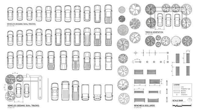Extensive CAD asset library showcasing top-down architectural plan view elements, including diverse vehicles, trees, and site furniture for urban and landscape design