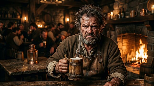 Grumpy ugly man holding a wooden mug in a rustic old pub