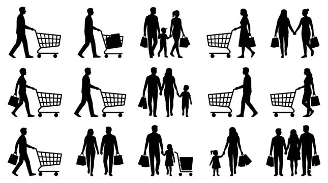 conceptualized silhouettes illustrating diverse consumer behaviors and family shopping dynamics within modern retail environments