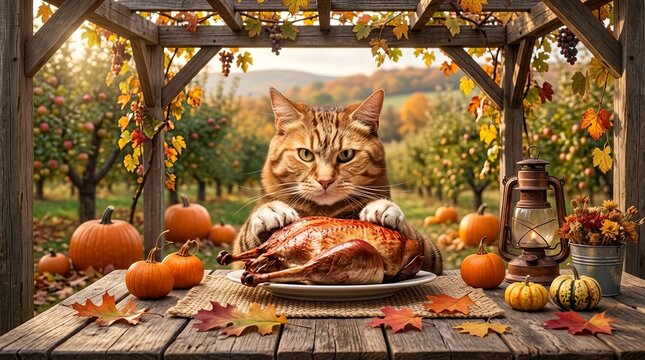 Whimsical cat eagerly awaits a festive autumn feast with pumpkins and a roasted turkey.