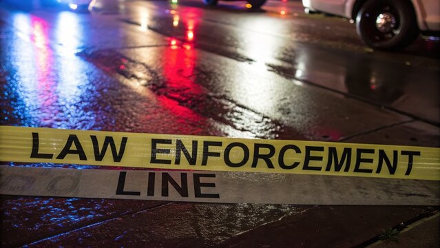 Caution Tape Marking Law Enforcement Line at Night with Reflections