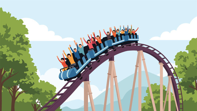 Excited group of people with hands raised enjoying a thrilling ride on a large roller coaster at an amusement park with trees.