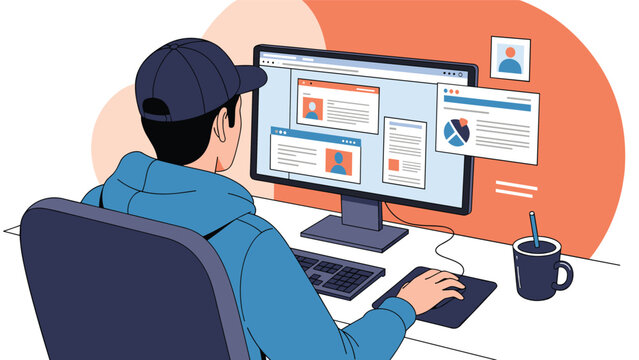Back view of a man wearing a cap and hoodie working at a desktop computer with multiple windows and charts on the screen.
