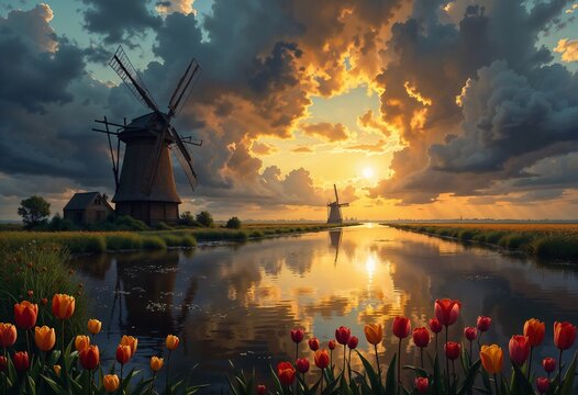 The image shows a classic landscape with Dutch windmills
