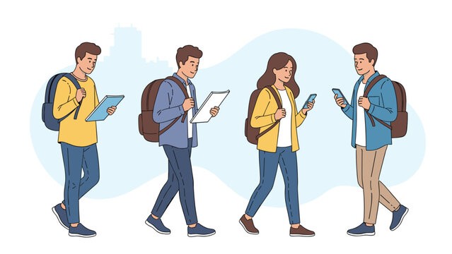 Diverse group of young students with backpacks walking together while reading books and using their smartphones on a sunny day.