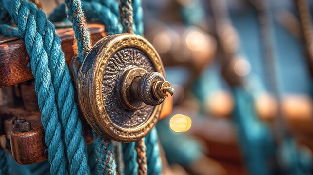 Vintage Ship Pulley and Rope on Blue Water Background / 青い海を背景にしたヴィンテージ船の滑車とロープ