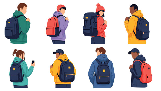 Collection of various people wearing different types of backpacks and hoodies shown from back and side views in a set.