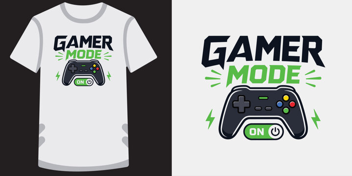 Gamer mode on t-shirt design with game controller and lightning bolt graphics for gaming.