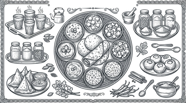 Vintage Indian Cuisine Engraving Illustration with Thali Platter, Curry, Samosa, Spices, Tea, and Traditional Hand Drawn Food Elements
