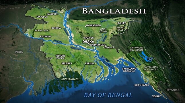 Map of Bangladesh showing rivers, cities, and Bay of Bengal coastline.