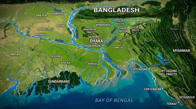 Map of Bangladesh highlighting rivers, cities, and Bay of Bengal coastline.
