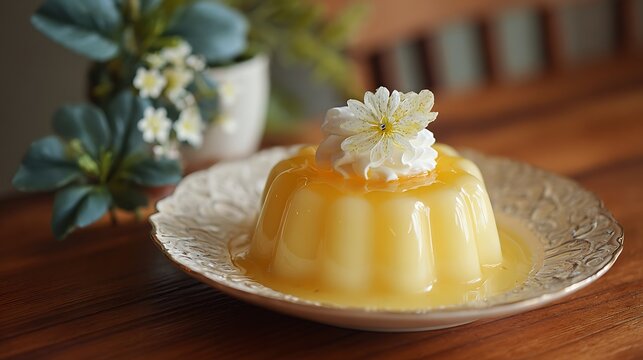 Homemade Custard Pudding on Ceramic Plate / 陶器のお皿にのった手作りカスタードプリン