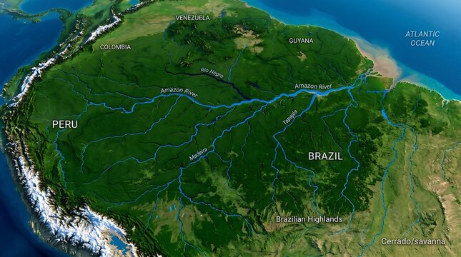 Amazon rainforest and river system in South America from space detailed view.