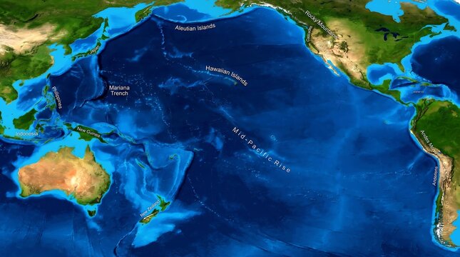 Pacific ocean geography showing trenches islands and continental mountain ranges.