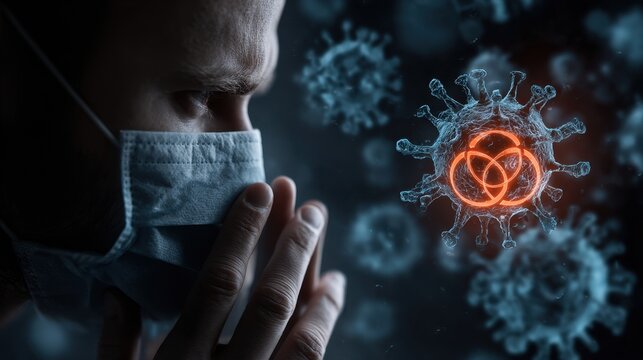 Man in mask faces abstract virus outbreak with fear of contagion.
