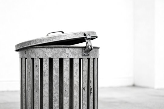 Metal trash can in open position