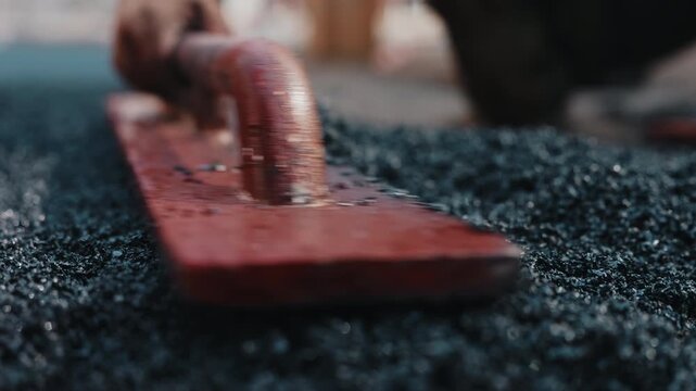 Leveling rubber crumb coating with hand float close up