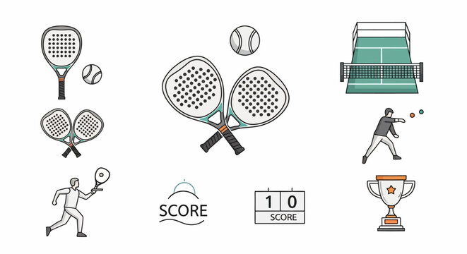 Collection of Padel Tennis Icons: Rackets, Balls, Court, Players, Scoreboard, and Trophy.