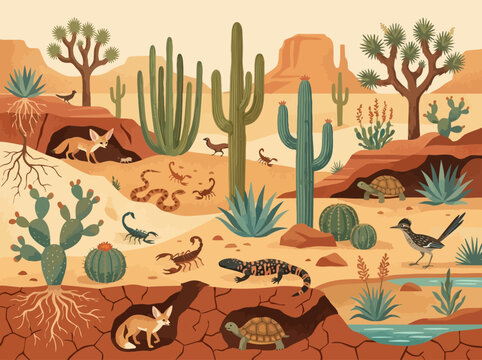 Desert animals and cactus plants in an arid ecosystem vector illustration featuring fennec foxes, scorpions, and snakes with underground burrows
