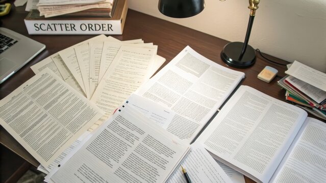 Organized Workspace with Research Papers and Desk Accessories