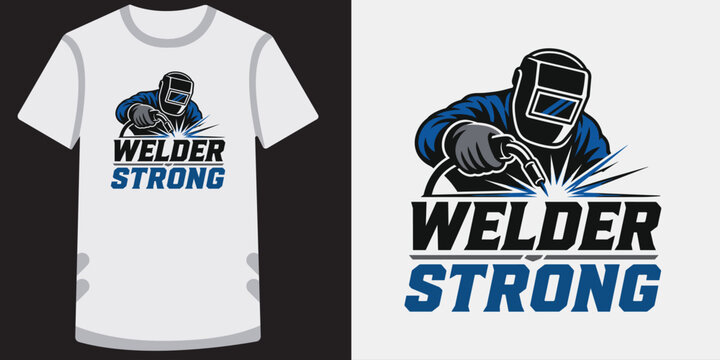 Welder strong industrial worker mascot design with welding mask and sparks vector character.
