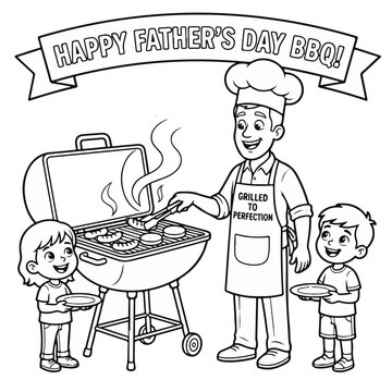 Dad's_BBQ_coloring_book_Happy Father's Day BBQ coloring page with dad grilling food, daughter and son holding plates cartoon line art vector illustration