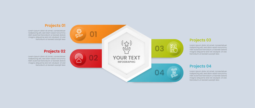 hexagon base shape infographic with glossy gradient style with round rectangle extrusion on left and right upside down with four segment information
