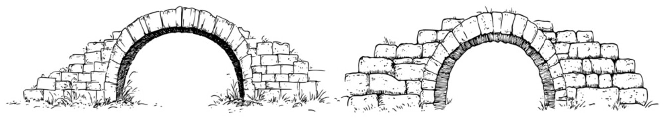 Ancient stone arch bridges set with vegetation in hand drawn sketch style © Kaz
