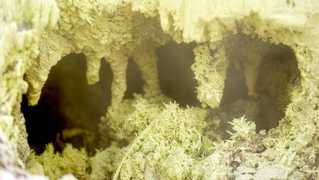 acicular sulfur crystals in fumarole vent, tomohon, minahasa, north sulawesi, indonesia, extreme close up