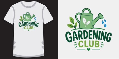 Gardening team tshirt design with watering can and fresh green leaves for nature lovers art. © md