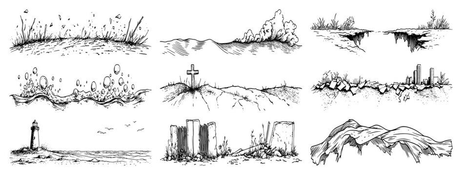 Landscape design elements set with waves grass lighthouse and ruins in vintage engraving style