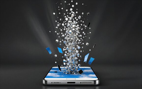 Smartphone shatters into digital fragments releasing data particles