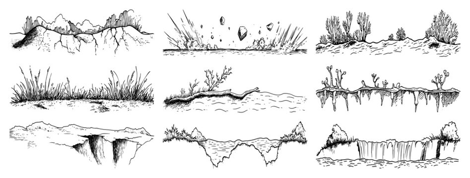 Nature landscape vignettes with waterfall grass and cracked earth in vintage engraving style