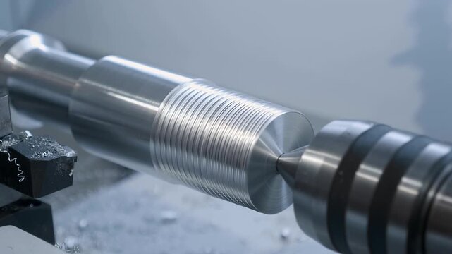 A lathe cutter processes a shiny metal part and the chips fall into a receiver. Closeup. Shot in motion