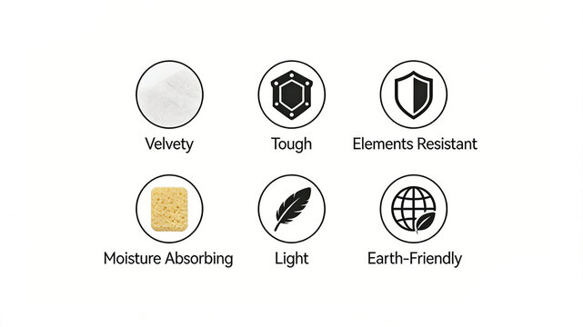 Showcasing velvet texture, toughness, weather resistance, and environmentally friendly icons, clothing fabric design that balances high-end texture and practical functionality.

