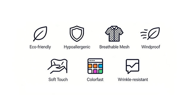 Presenting icons such as hypoallergenic, breathable mesh, windproof, and color fixing, the concept of a healthy and comfortable sensitive skin friendly daily clothing fabric.
