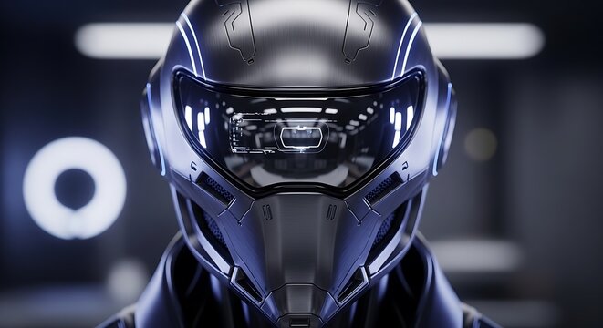 Close-up of a futuristic helmet with a sleek design and reflective visor on a person