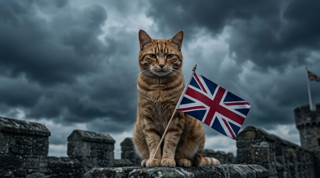 Majestic ginger cat sits proudly on castle ramparts holding a Union Jack flag against stormy skies