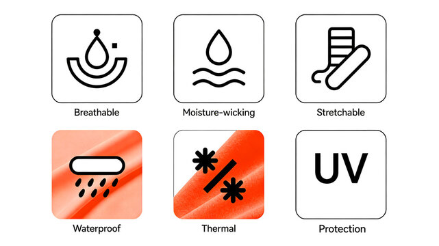 Display icons such as breathable, waterproof, warm, and UV resistant, representing the core fabric functions of comprehensive protection for outdoor clothing throughout the season.
