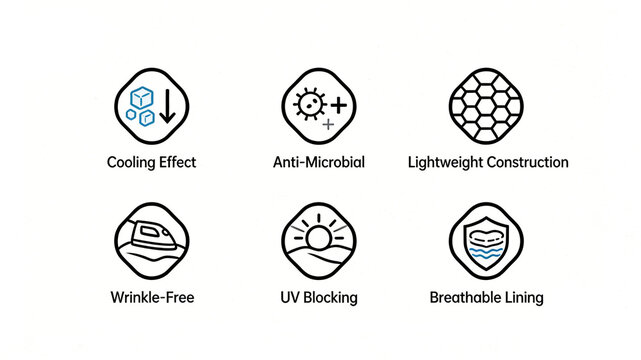 Presenting icons such as coolness, antibacterial, UV protection, and ironing free, the modern fabric design concept for summer clothing is refreshing, comfortable, and easy to maintain.
