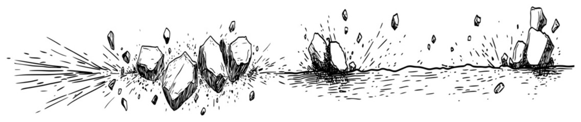 Exploding rocks and flying stones from impact in vintage sketch style © Kaz