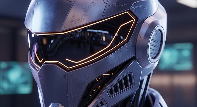 Close-up of a futuristic metallic helmet with glowing orange lines and a dark visor