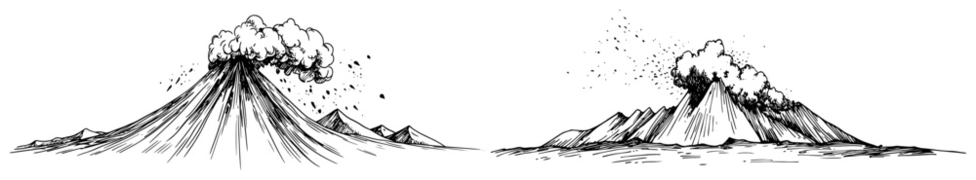 Erupting volcano with smoke and ash clouds in vintage hand drawn style