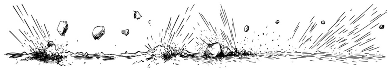 Obraz premium Powerful rock explosion with flying debris and impact effect in hand drawn style