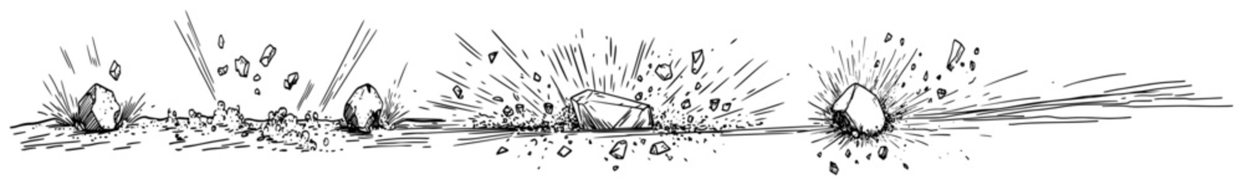 Multiple rock explosions with flying debris across a horizontal line in hand drawn style
