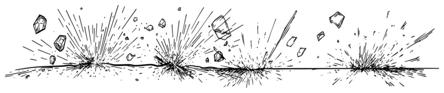 Ground explosions with flying debris and rocks in hand drawn sketch style