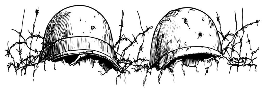 Military helmets with barbed wire in a war trench in vintage hand drawn style