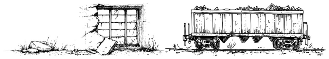 Freight train wagon and ruined stone wall in vintage engraving style © Kaz