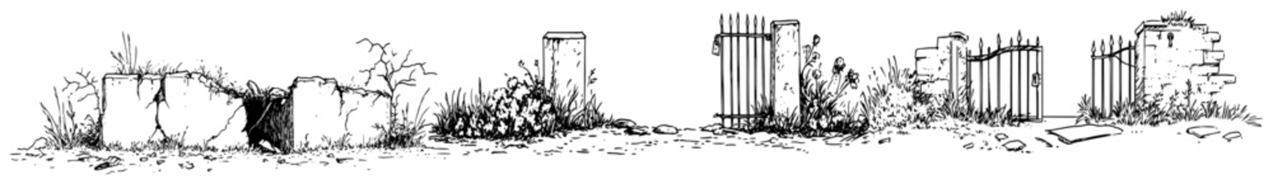 Ruined stone walls with old iron gates and overgrown grass in hand drawn sketch style