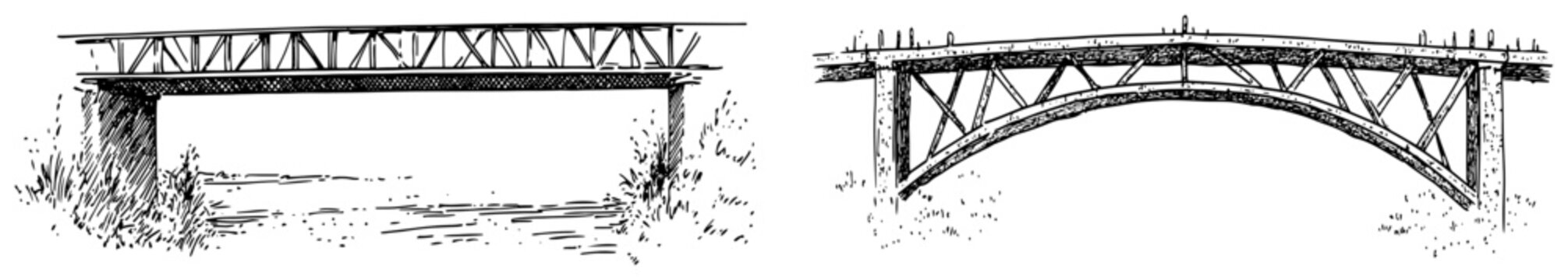 Bridge structures featuring arch and truss designs over water in hand drawn sketch style